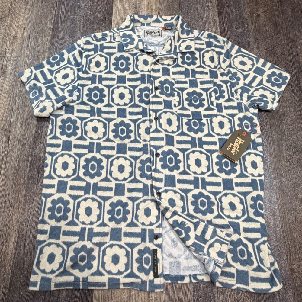 Howler Brothers Button Up Palapa Terry Shirt Men XXL Blue White Floral NEW